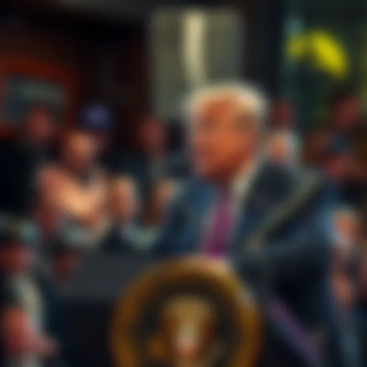 President Trump speaking at a podium, suggesting new names for artificial intelligence, with a crowd reacting in the background.