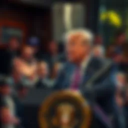 Trump Proposes New AI Names President Trump speaking at a podium, suggesting new names for artificial intelligence, with a crowd reacting in the background.