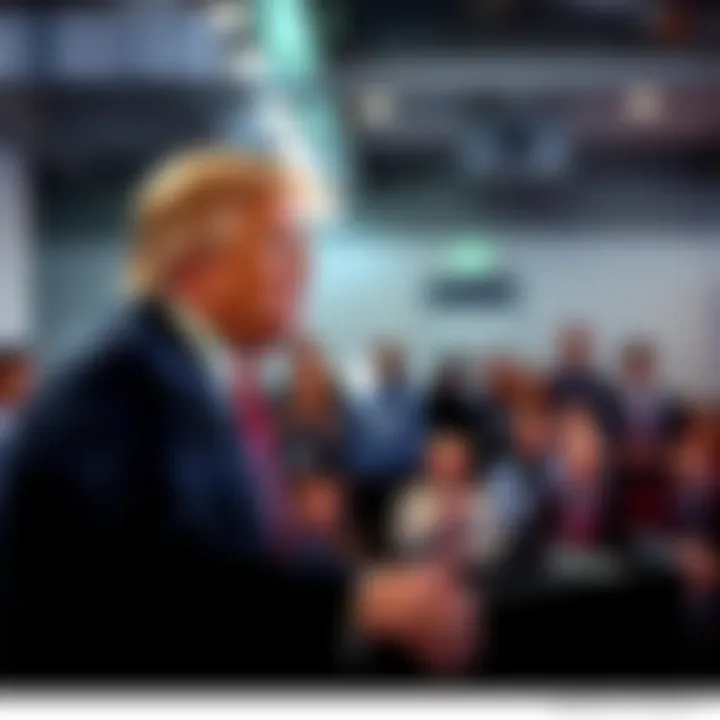 President Trump speaking at a podium, expressing his views on data-center development and opponents, with a focused expression and an audience in the background.