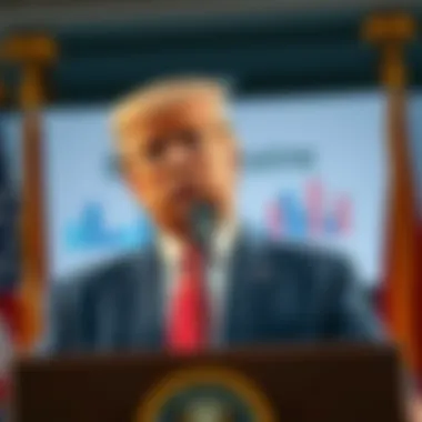 President Trump speaking at a podium with charts showing economic and healthcare data behind him