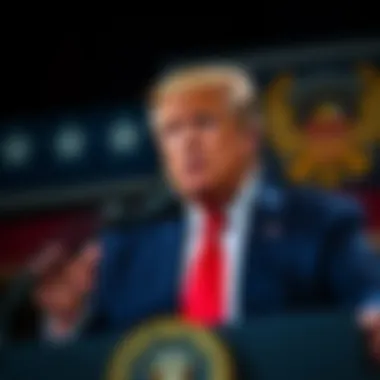 Donald Trump at a podium addressing AI regulations with a serious expression