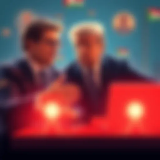 A visual representation of Trump's ex-campaign chief leading a discussion about ChatGPT's messaging on Gaza, with symbols of technology and politics in the background.