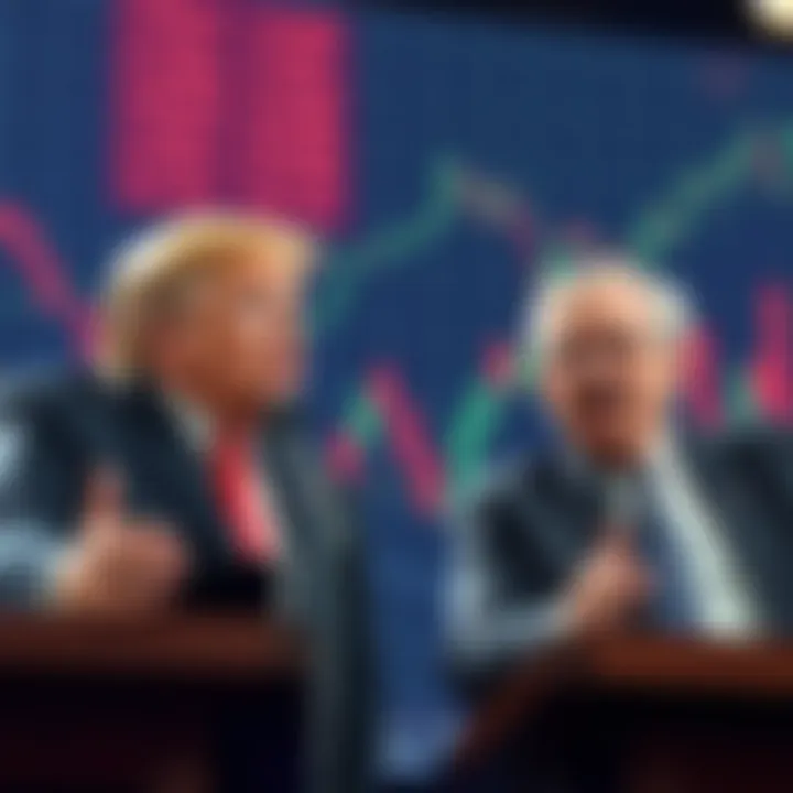 Donald Trump and Mark Carney engaged in a public debate about economic policies, with a backdrop of economic graphs and charts.