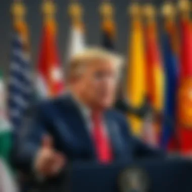 Trump discusses AI President Trump speaking at a podium about artificial intelligence, with flags in the background