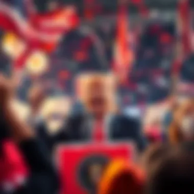 Donald Trump surrounded by supporters celebrating his election win, waving flags and holding signs.