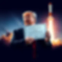President Trump holding a SpaceX bond certificate with a rocket in the background