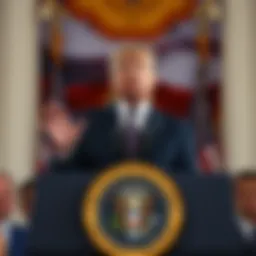 Trump speaking at a podium Former President Trump at a podium discussing his future plans after leaving office