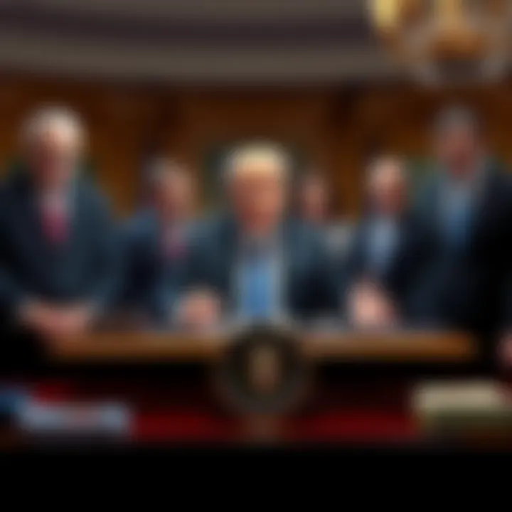 President Trump signing an executive order to improve government design standards at a desk with officials around him.