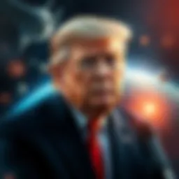 US President Trump surrounded by space-themed visuals, emphasizing his commitment to new space exploration initiatives.