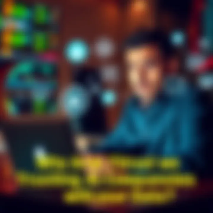 A person looks concerned while using a laptop, with symbols of data privacy and AI around them.