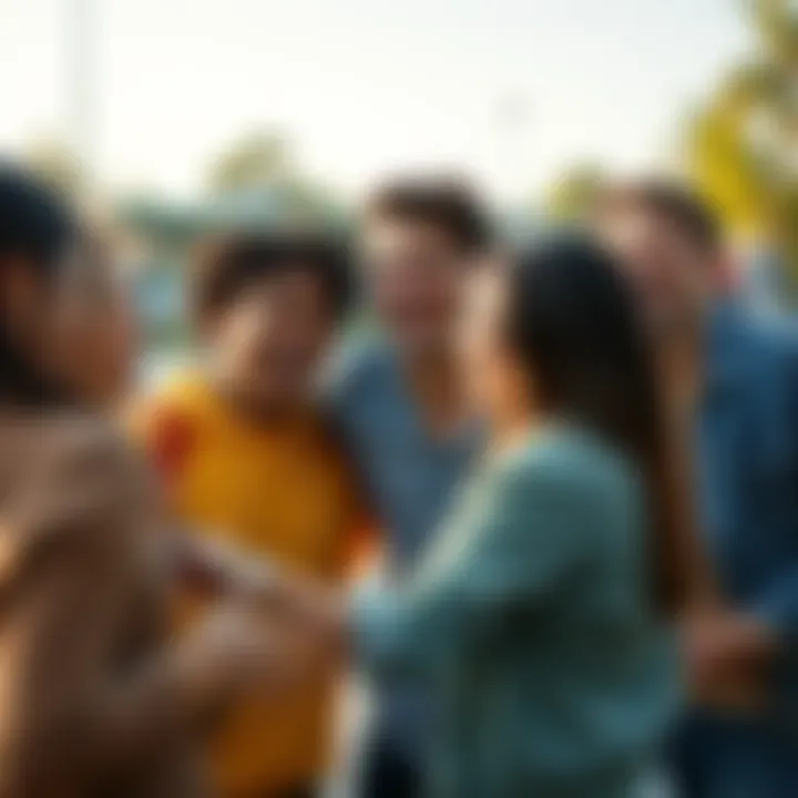 A group of friends laughing and participating in a trust-building activity outdoors
