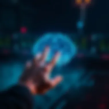 A human hand hesitantly reaching towards a glowing, digital AI brain while shadows loom, symbolizing caution in oversight.