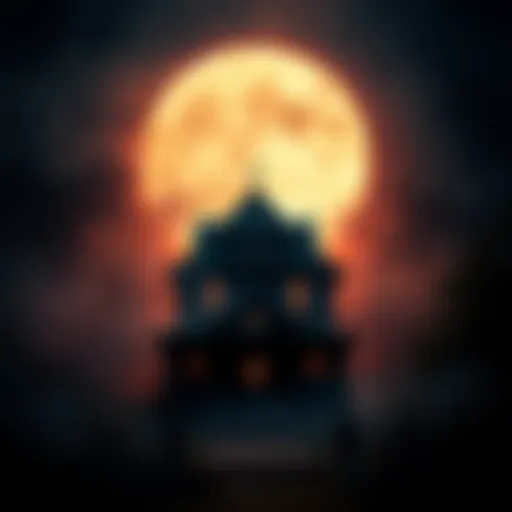 A dark and eerie movie poster for Tung Tung Tung Sahur showcasing a haunted house under a full moon with mist swirling around it.