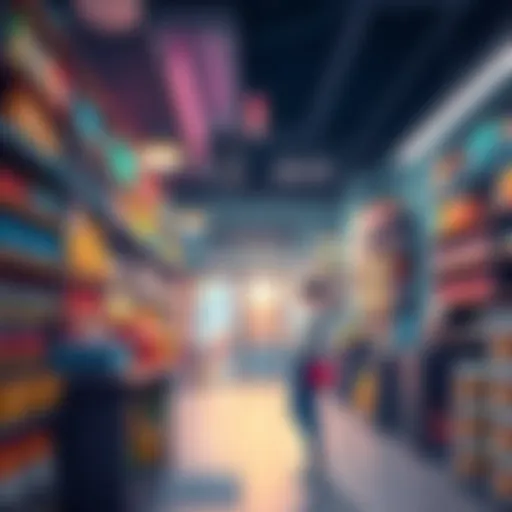 Concept art showing a vibrant shop interior with shelves of items and a character planning their next move in a turn-based game setting