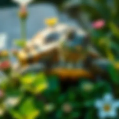 A joyful turtle surrounded by green plants and flowers, symbolizing conservation efforts.