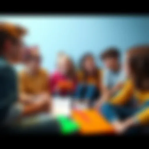 A group of tweens sitting together, laughing and sharing stories about their first crushes, with colorful notebooks and pencils around them.