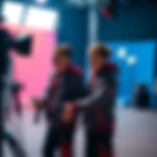 Two identical twins interacting seamlessly on a video set, showcasing visual tricks to create a clone effect.