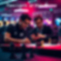 Two individuals discussing and planning strategies in a competitive setting