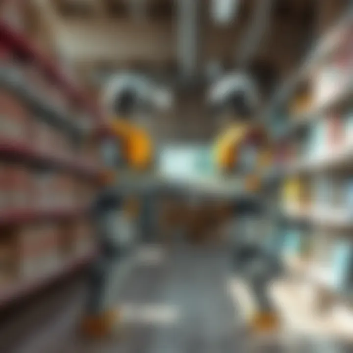 Two colorful robots interacting playfully in an abandoned store with shelves around them