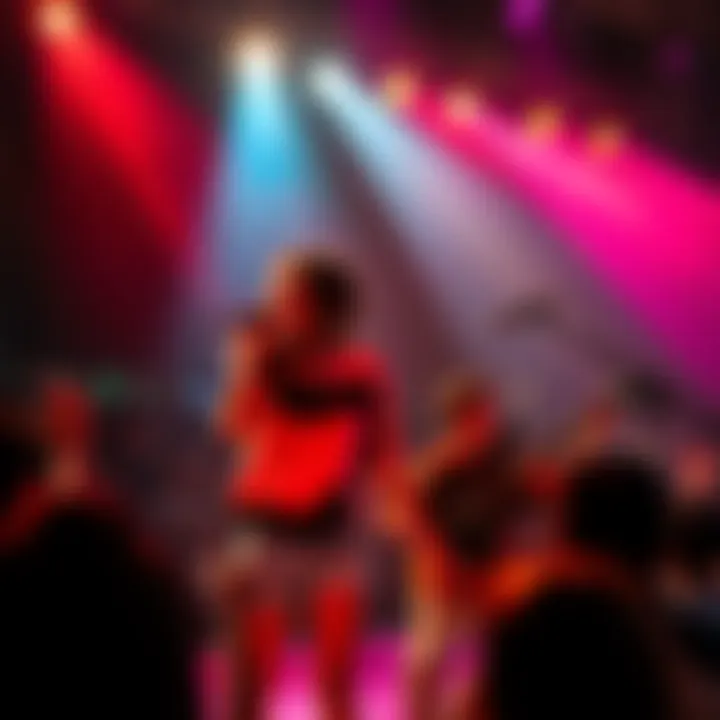 Two talented young artists performing energetic music on stage with vibrant lights and an engaged audience