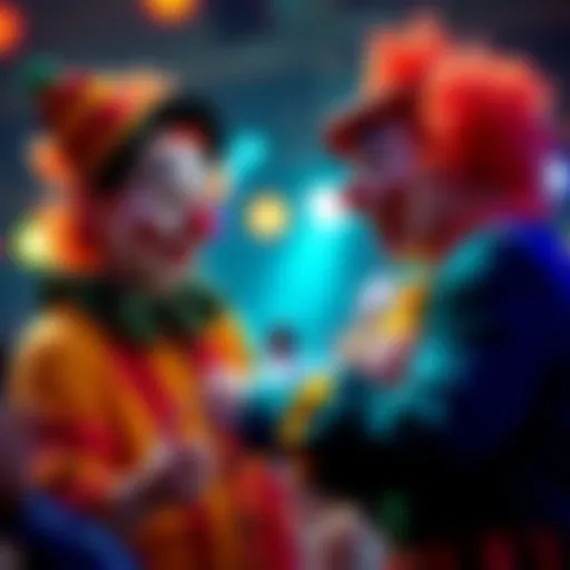 Two clowns in colorful costumes entertaining a crowd with laughter and antics.