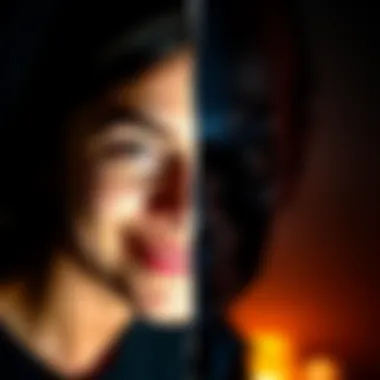 Two Faces of Morality A split image showing a person with a confident smile on one side and a dark, shadowy figure on the other, representing the contrast between moral superiority and sociopathic traits.