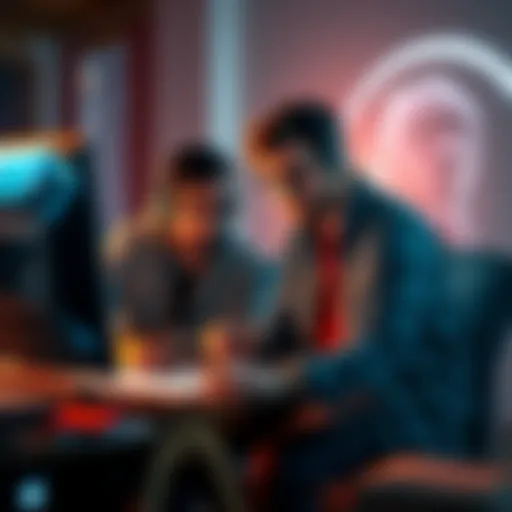 A small team of two game designers collaborating on a computer, sketching ideas and planning their indie game project.