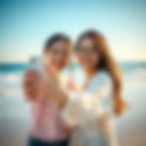 Two Chinese girls smiling as they take a selfie with the ocean in the background