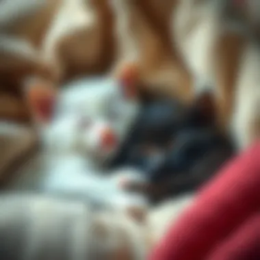 A white kitten and a black kitten lying side by side, looking peaceful and serene, surrounded by soft blankets. Their eyes are closed as they seem to be asleep, embodying a sense of calm and love.