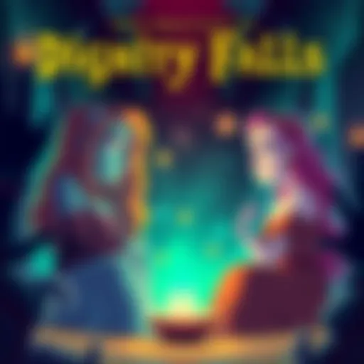 A scene depicting Doug's mother, Beautiful KORN, and a new oracle named Peaches, surrounded by a mystical setting. They appear thoughtful, contemplating their visions. The background includes elements of Dignity Falls, hinting at a connection between the two figures.