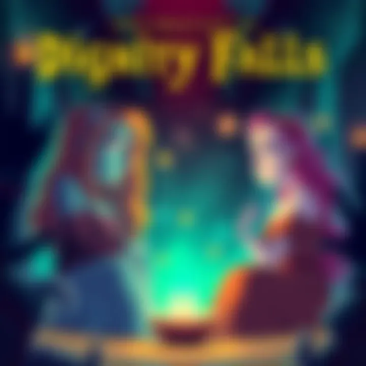 A scene depicting Doug's mother, Beautiful KORN, and a new oracle named Peaches, surrounded by a mystical setting. They appear thoughtful, contemplating their visions. The background includes elements of Dignity Falls, hinting at a connection between the two figures.