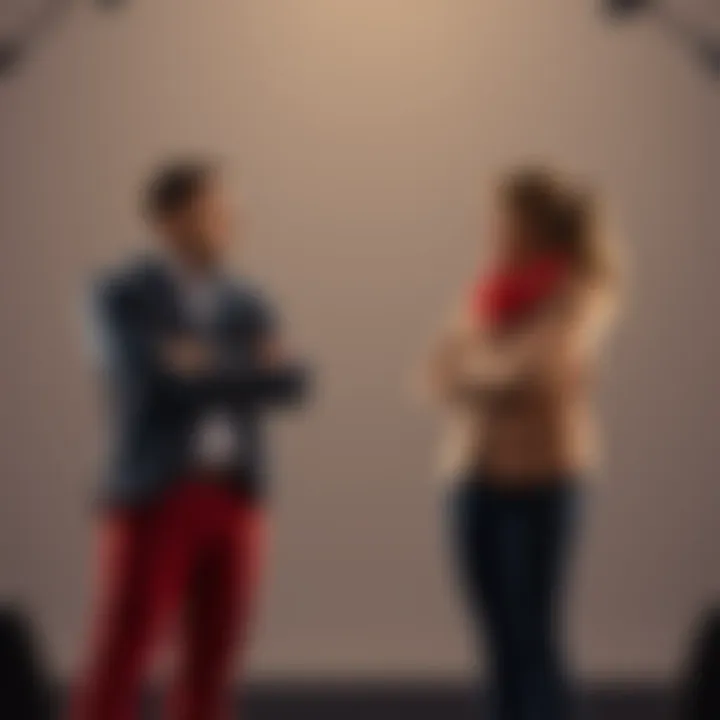 Two People Debating A man and a woman standing with crossed arms, expressing differing opinions during a debate, emphasizing the importance of understanding each otherโs viewpoints.