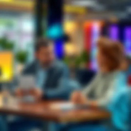 Two people sitting at a table, one looks annoyed while holding a notebook and the other laughs at a joke about language misuse