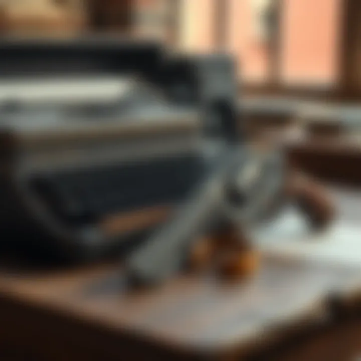 A typewriter and a revolver sit on a wooden table, symbolizing a high-stakes writing adventure
