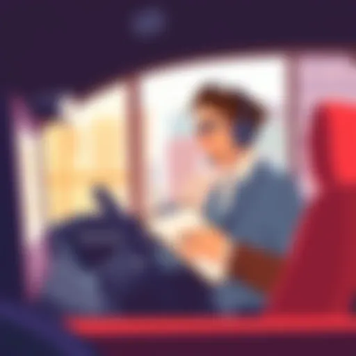 An illustration of an Uber driver undergoing a background check with a clipboard and a computer in a bright office setting.
