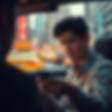 A frustrated Uber driver looking at a notification on their phone about suspension. The background shows a busy city street.