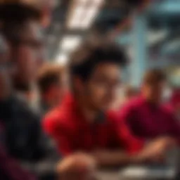 A group of shocked employees at Ubisoft Red Storm reacting to news of job cuts, with office space in the background.