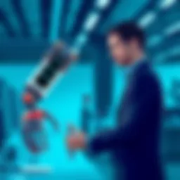 Illustration of a robotic arm working alongside a human in an office environment, symbolizing collaboration between AI and people.