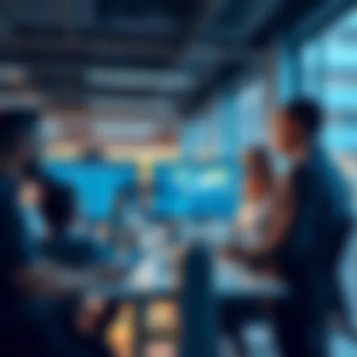 A modern office scene showing business professionals discussing automation solutions with technology on screens