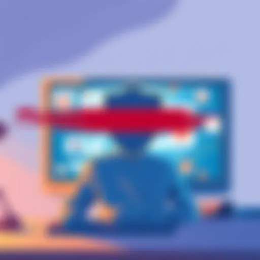 Illustration showing a person on a computer with scam advertisements being blocked by a shield