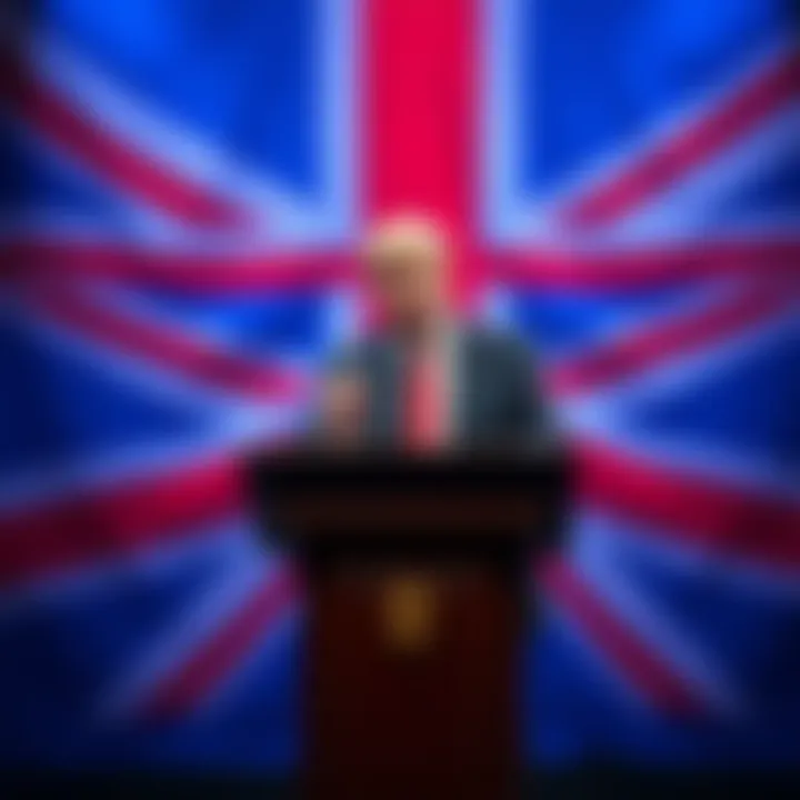 UK Culture Minister Resignation A government official stands at a podium, announcing their resignation. A backdrop displays the flag of the UK, symbolizing government and national identity.