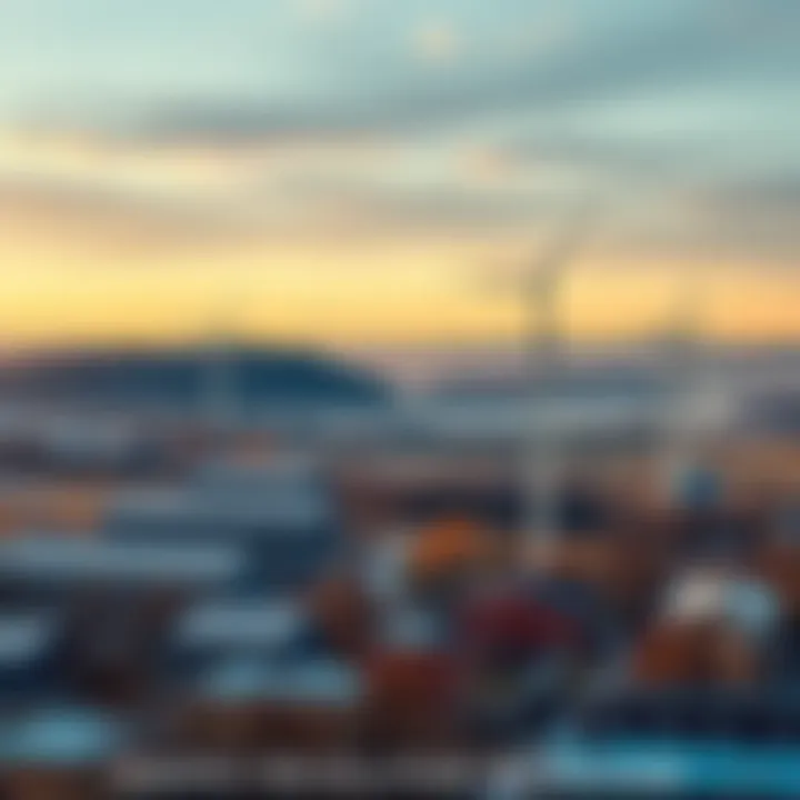 Ukrainian city skyline with solar panels and wind turbines, showcasing a shift to renewable energy amidst winter conditions.