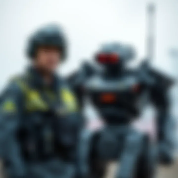 A Ukrainian engineer stands next to an advanced killer robot, showcasing innovation in warfare technology.