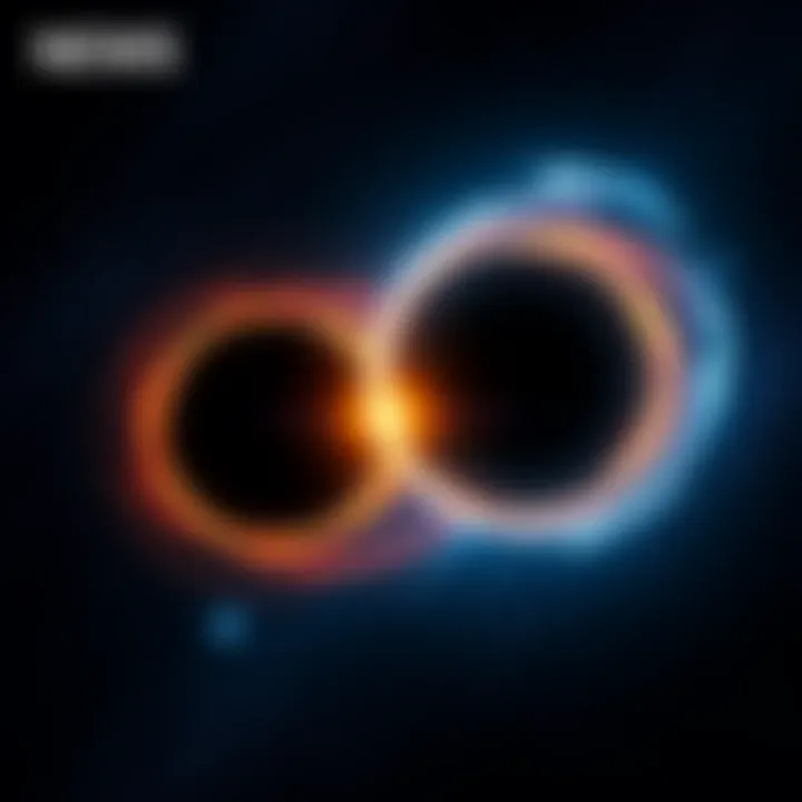 A cosmic illustration showing a pair of ultramassive black holes side by side in space, surrounded by stars and galaxies.