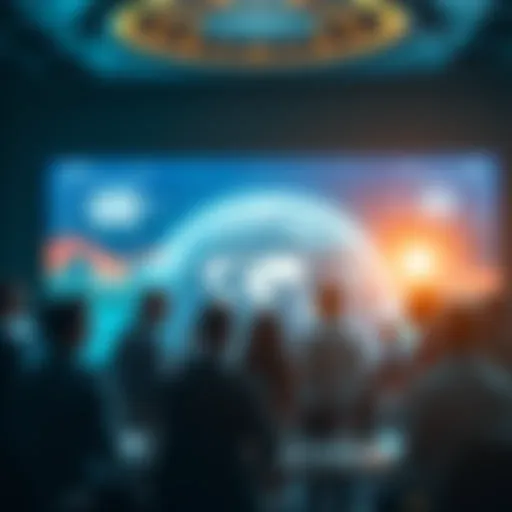 A group of people discussing the environmental impact of AI technology at a conference, with a globe and digital screens in the background.