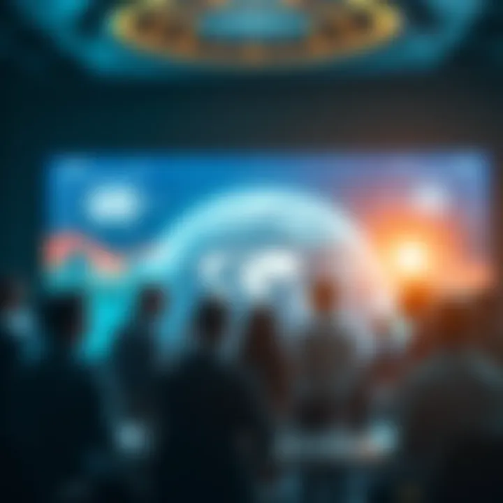 A group of people discussing the environmental impact of AI technology at a conference, with a globe and digital screens in the background.