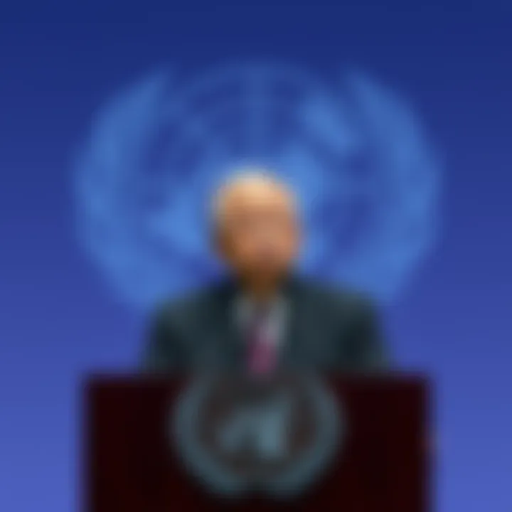U.N. Secretary-General Calls for Ban on Killer Robots A concerned U.N. Secretary-General speaks at a podium about banning autonomous weapons, with a graphic of a robot in the background symbolizing potential dangers.