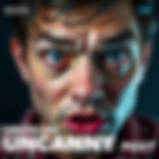 Close-up of an uncanny face A face with uneven eyes and unusual features, highlighting the odd characteristics that spark discussion