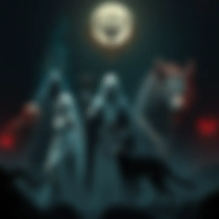 A gathering of unique undead characters including a ghostly queen, a skeletal wolf, and a shadowy cat, set in a dark, eerie environment.