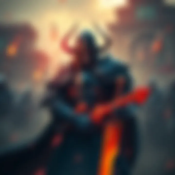 A fierce undead paladin wearing dark armor, holding a glowing sword, surrounded by a battlefield setting.